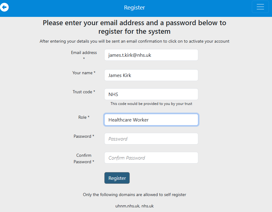 Screenshot of register page