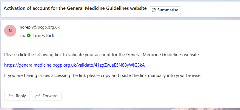 Screenshot of login/register activation email